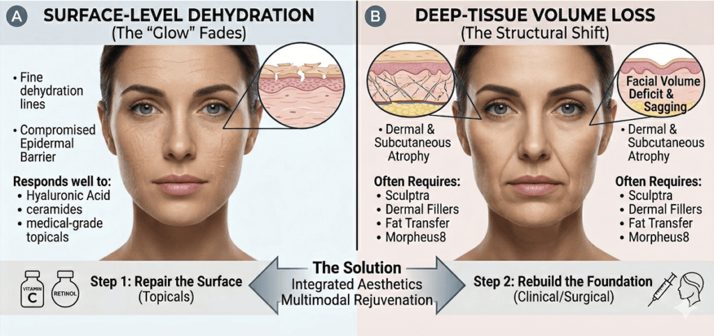 Comparison of surface-level dehydration lines vs deep-tissue volume loss and sagging by Dr. Melissa Chiang and Dr. Young Cho in Spring, TX.